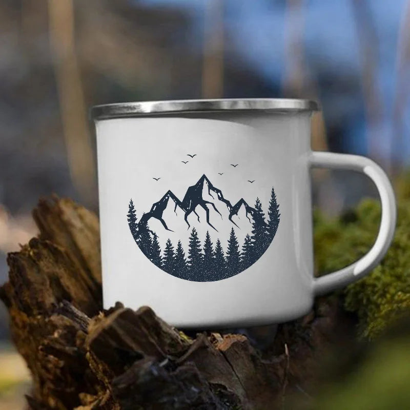 The Mountain Are Waiting Print Enamel Mug Creative Camping Coffee Tea Water Milk Cup Mugs Handle Drinkware Vacation Hiking Gift