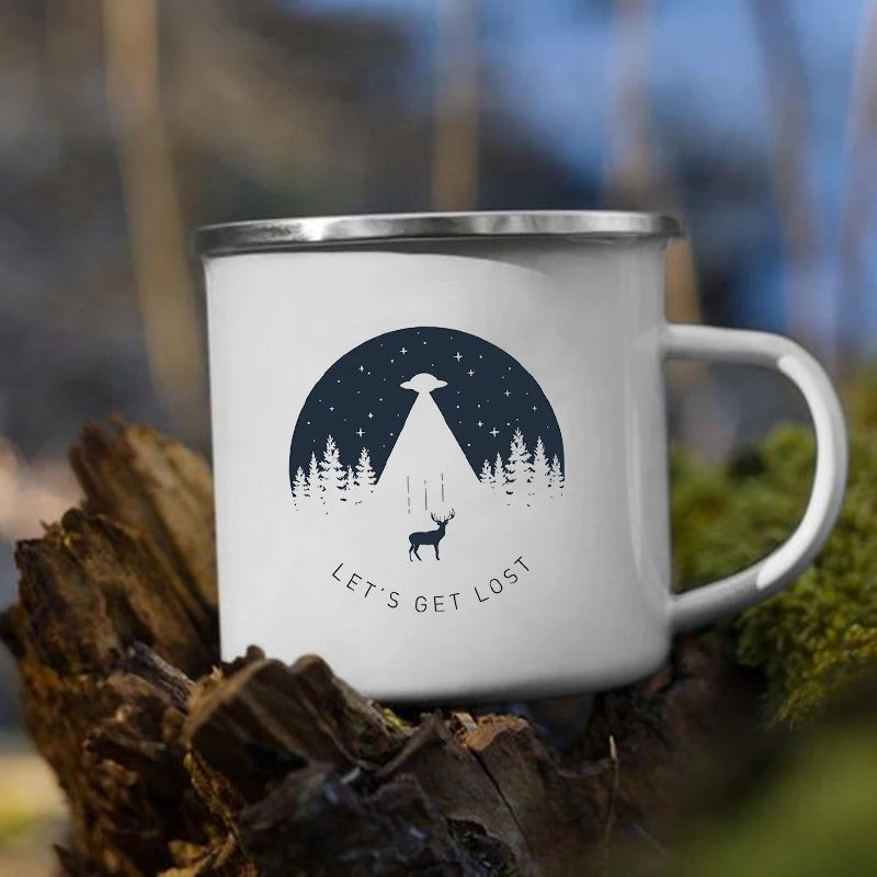The Mountain Are Waiting Print Enamel Mug Creative Camping Coffee Tea Water Milk Cup Mugs Handle Drinkware Vacation Hiking Gift