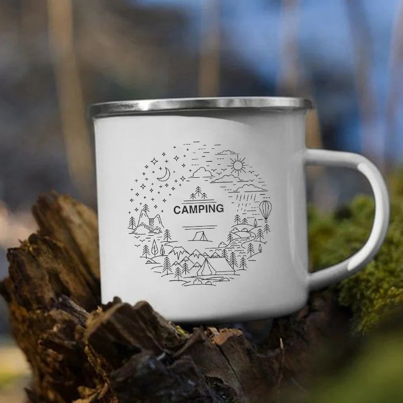The Mountain Are Waiting Print Enamel Mug Creative Camping Coffee Tea Water Milk Cup Mugs Handle Drinkware Vacation Hiking Gift