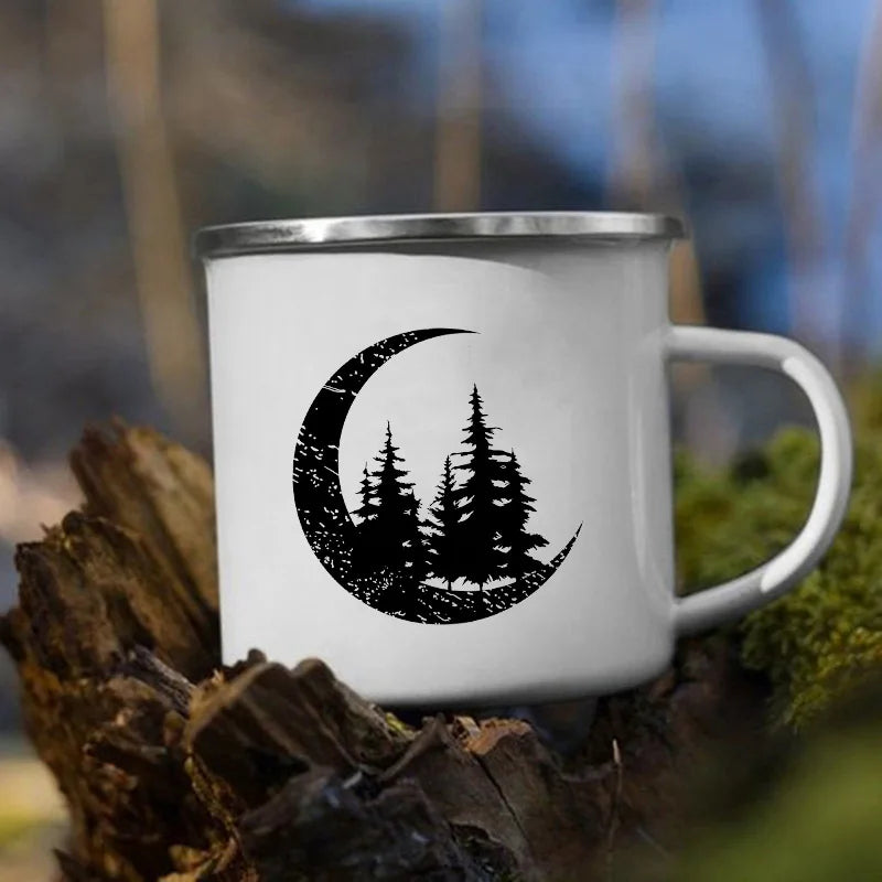 The Mountain Are Waiting Print Enamel Mug Creative Camping Coffee Tea Water Milk Cup Mugs Handle Drinkware Vacation Hiking Gift