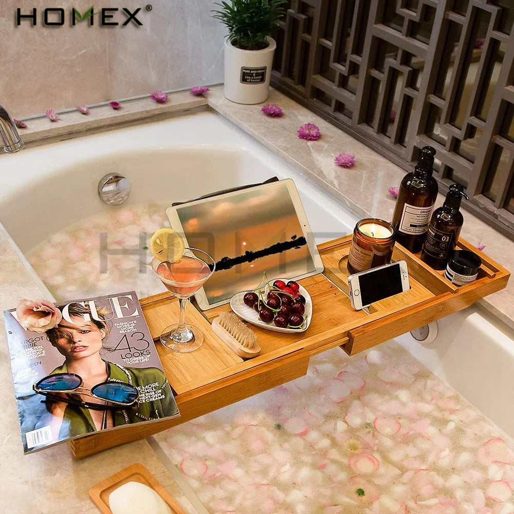 Bamboo Bathtub Caddy Adjustable Organizer Tray for Bathroom Bath Caddy/Homex_BSCI Factory