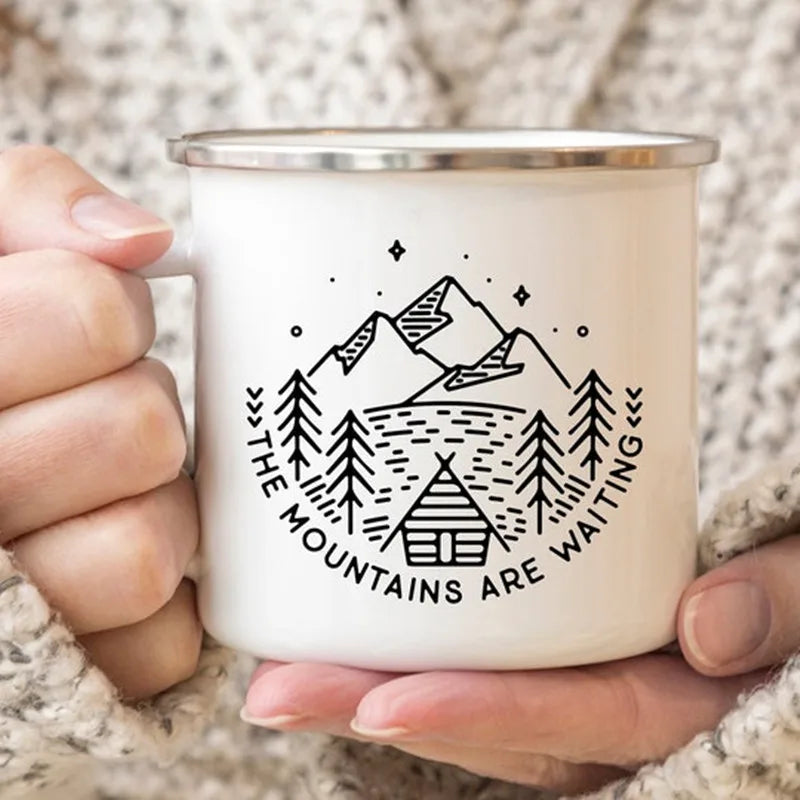 The Mountain Are Waiting Print Enamel Mug Creative Camping Coffee Tea Water Milk Cup Mugs Handle Drinkware Vacation Hiking Gift