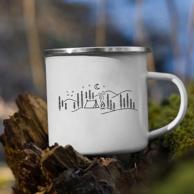 The Mountain Are Waiting Print Enamel Mug Creative Camping Coffee Tea Water Milk Cup Mugs Handle Drinkware Vacation Hiking Gift