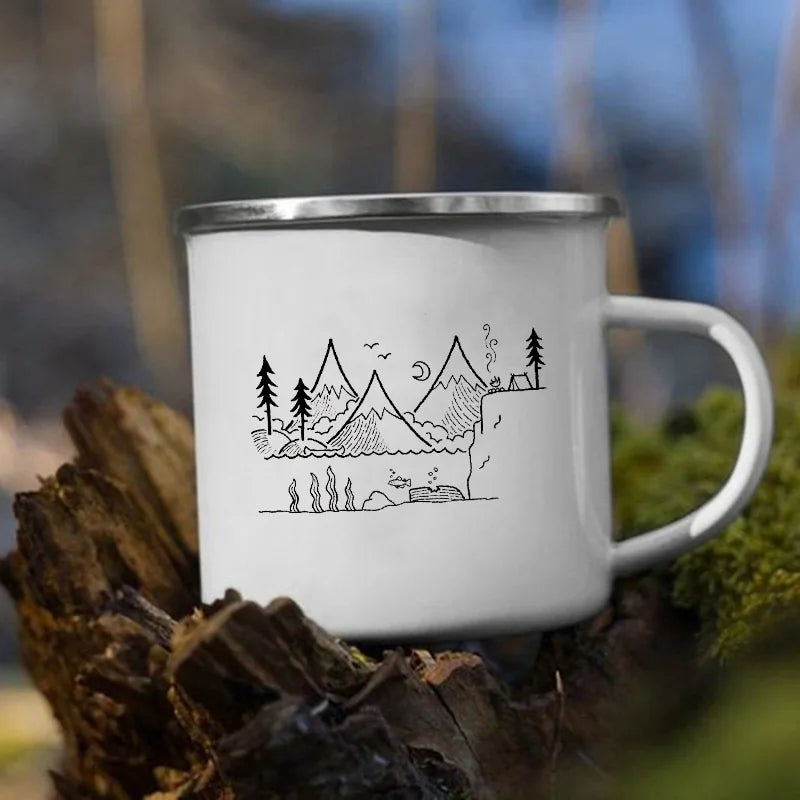 The Mountain Are Waiting Print Enamel Mug Creative Camping Coffee Tea Water Milk Cup Mugs Handle Drinkware Vacation Hiking Gift