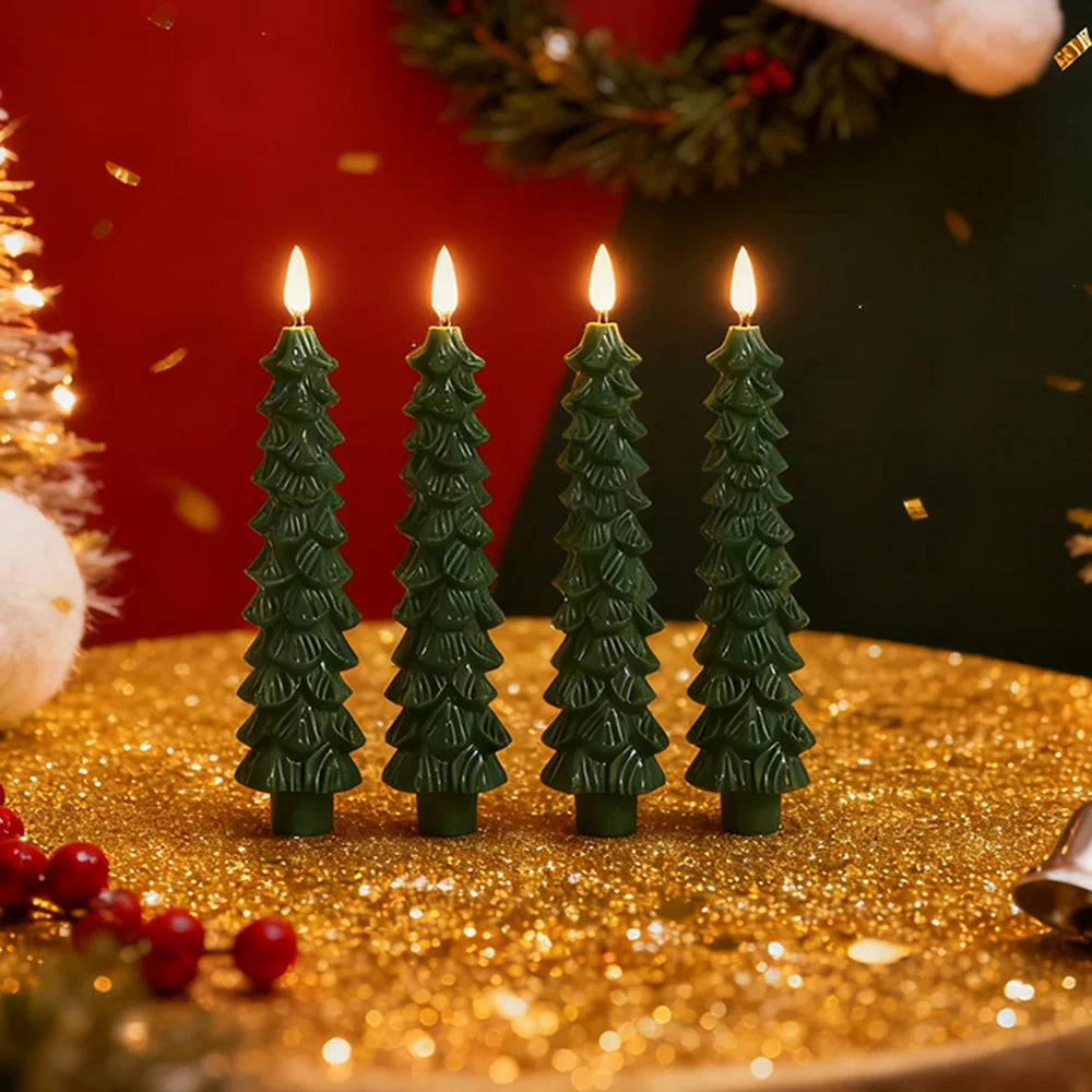 4pcs Christmas Tree LED Flameless Taper Candles, Flickering Christmas LED Taper Candles Light Battery Operated