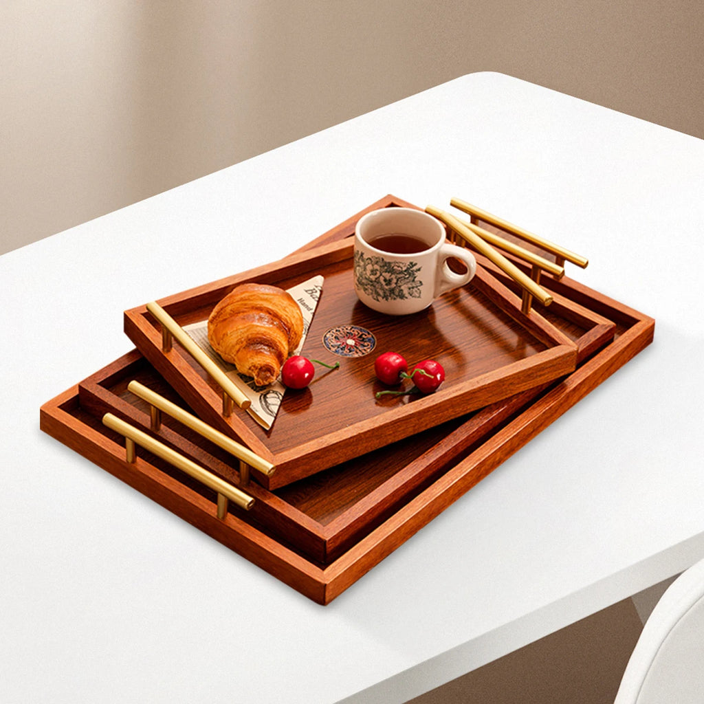 Wooden Serving Tray Set of 3 with Metal Handles - Multi-functional Breakfast, Party & Storage Platters (Brown)