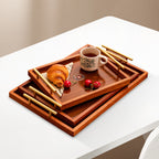 Wooden Serving Tray Set of 3 with Metal Handles - Multi-functional Breakfast, Party & Storage Platters (Brown)