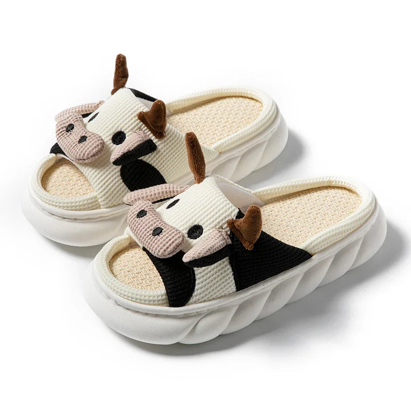 Winter Home Slippers for Couples Warm Plush Neutral Cartoon Cow Indoor Anti Slip Comfortable Cotton Slippers for Men and Women