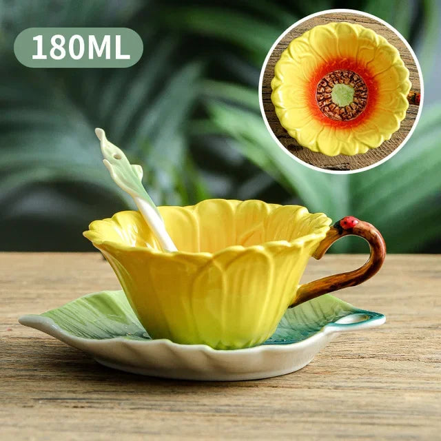 180ML Sun Flower Mug European Couple Afternoon Tea Coffee Cup Saucer Set Home Office Ceramic Tea Cup Drinking Set Wedding Gift