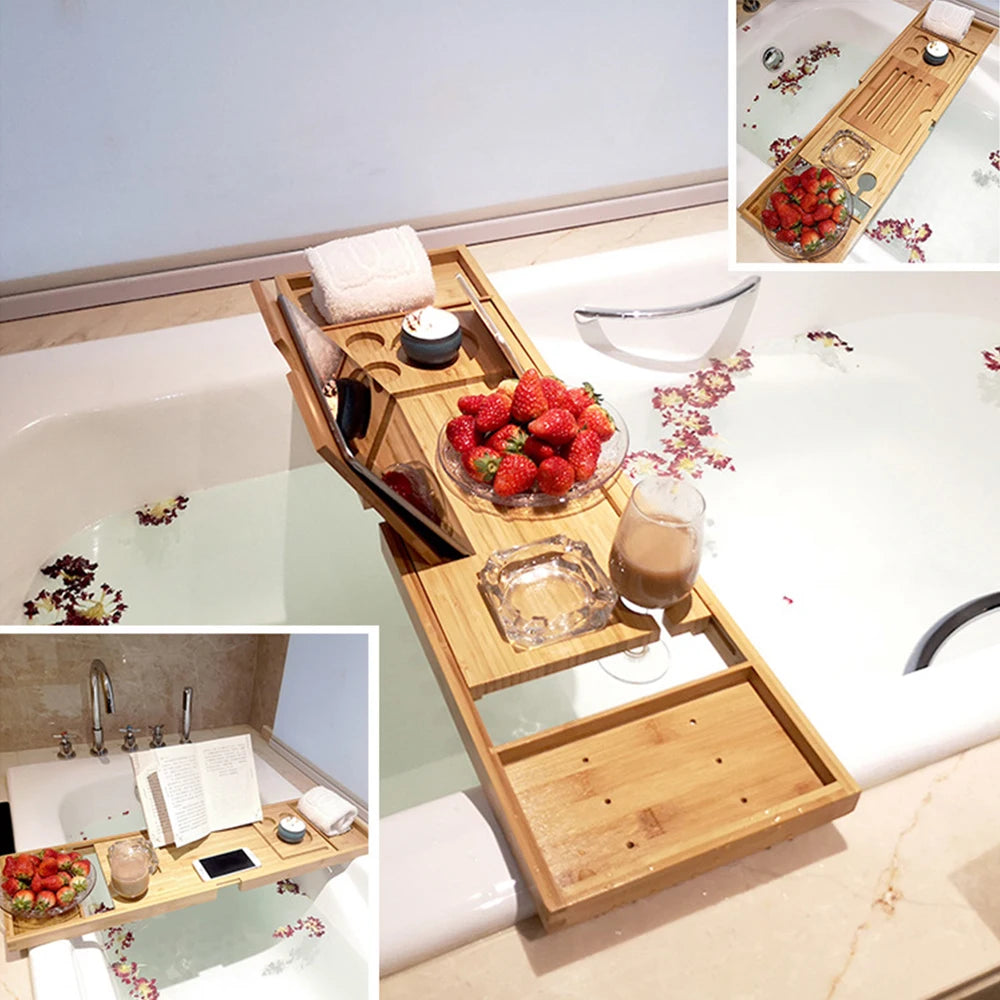 Bathtub Caddy Tray Bamboo Spa Bathtub Caddy Organizer Book Wine Tablet Holder Reading Rack Nonslip Bottom Extendable Sides