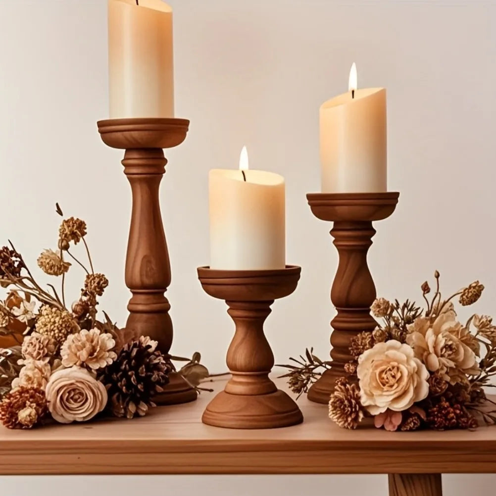 Vintage Wooden Candle Holders 3pcs Valentine's Day Wedding Cylindrical Candle Holder Desktop Decoration Christmas Decoration