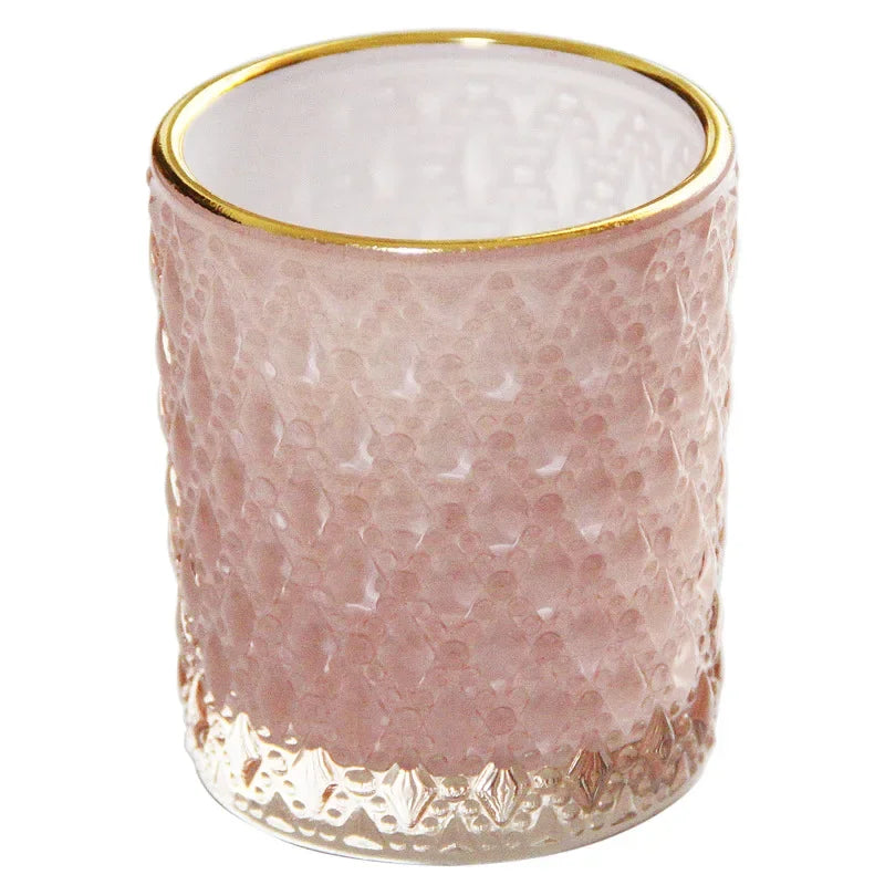 Home Decor Pink Candle Holders Vintage Glass Tealight Candle Holder with Gold Rim Votives for Valentines Wedding Decoration