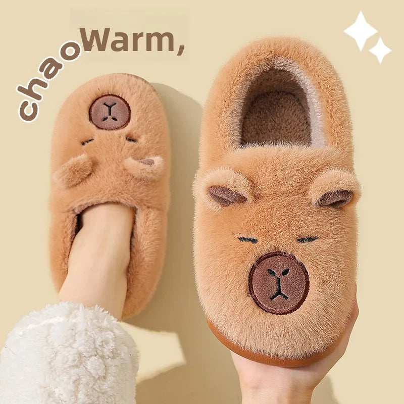 Winter Home Slippers for Couples Warm Plush Neutral Cartoon Cow Indoor Anti Slip Comfortable Cotton Slippers for Men and Women