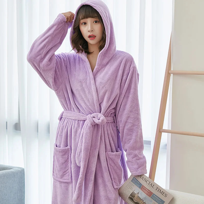 Coral Velvet Bathrobes for Women Long with Hood Autumn Winter Solid Plush Microfiber Bath Robe Sleepwear Home Bathroom Clothes