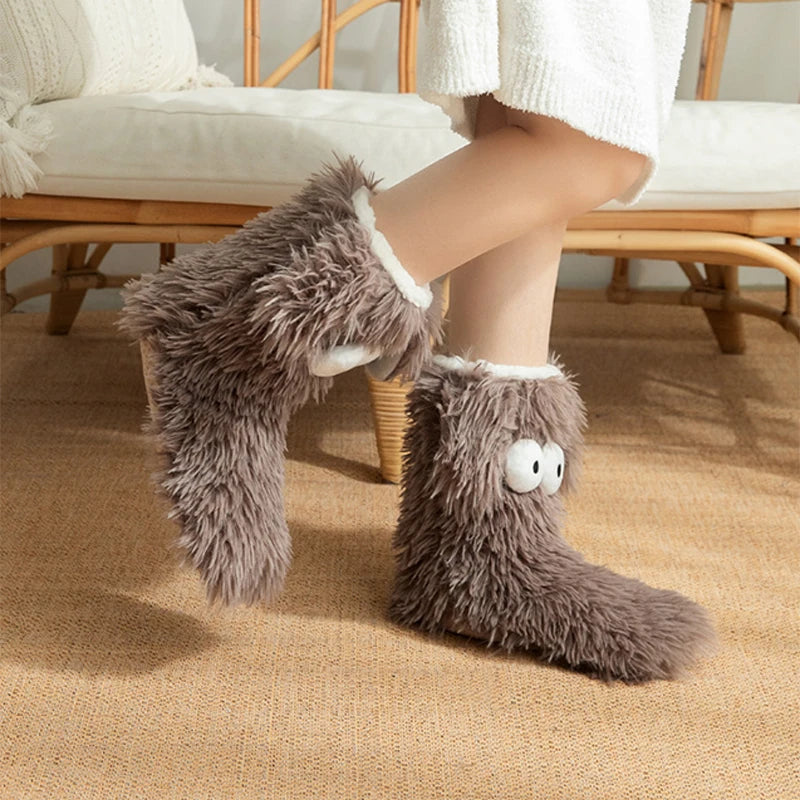 Soft Big Eyes Slipper Socks with Puppy Ears Mid-Calf Cartoon Non-slip Floor Socks Thickened Warm Coral Fleece Socks Winter
