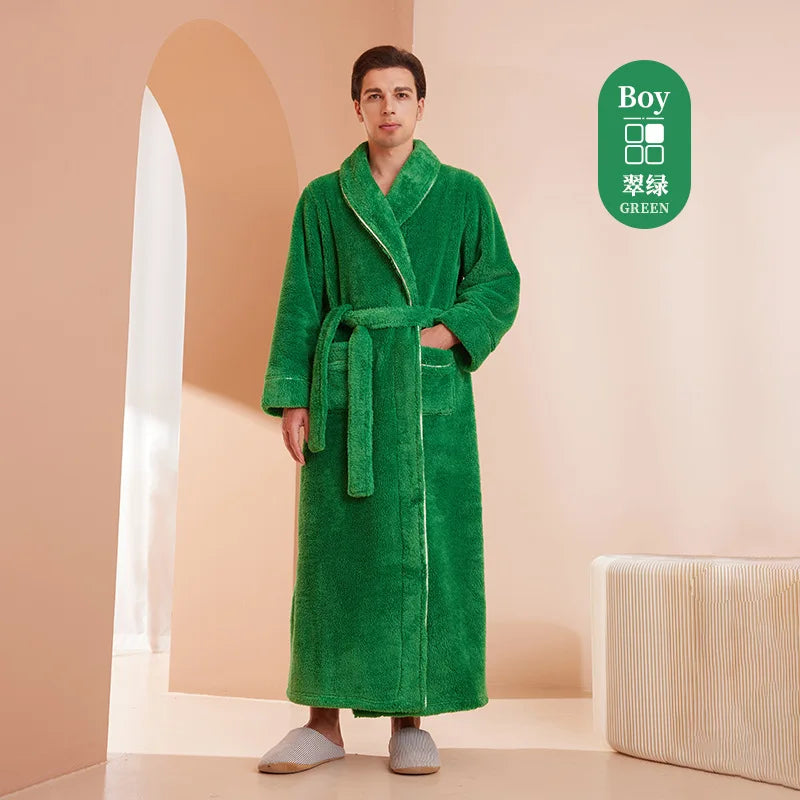 Men Plush Long Fleece Bathrobe Soft Terry Cloth Robe with Belt Multi-Color Cozy Loungewear for Unisex Warm Winter Sleep Robe