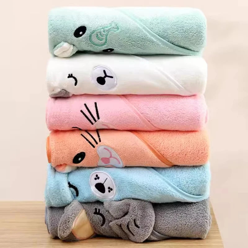 0-3Y Baby Shower Unisex Baby Bathrobe Flannel Cloak Cartoon Boy Girl Ultra-Soft Hooded Spa Robe Bath Towel Newborn Cover-Up
