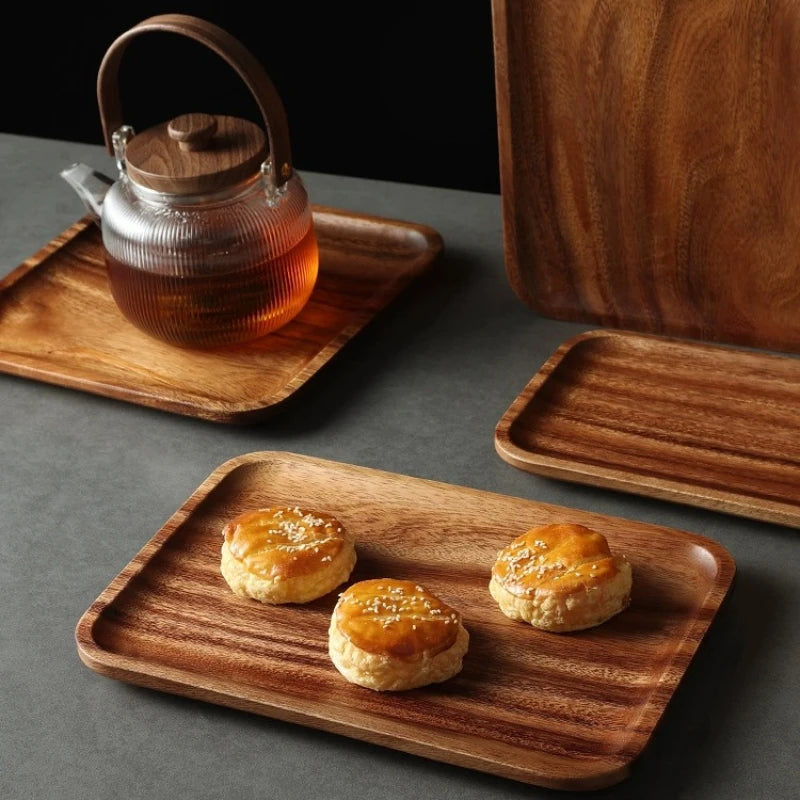 Wooden Tray Acacia Wood Rectangular Solid Wood Dinner Plate Kitchen Accessories Coffee Dessert Tea Storage Tray