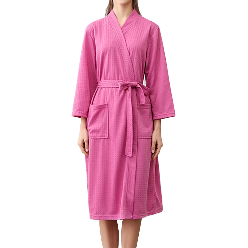 Women Water Absorption Bath Robe Solid Waffle Bathrobe Spa Home Dress Nightgown