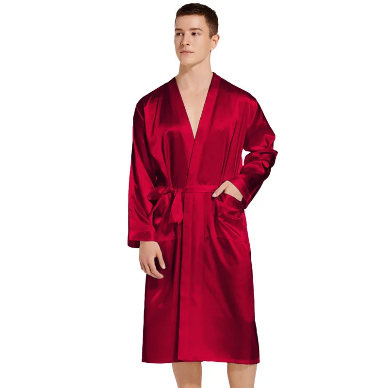 Men Long Bathrobe Sleepwear Navy Blue Silk Satin Bridegroom Wedding Robe Kimono Gown Spring Summer Home Clothes Loungewear