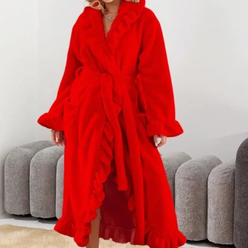 Women's Long Warm Robe Home Wear 2025 Autumn and Winter Coral Velvet Thickened Bathrobe Casual Soft Solid Lace Up Loungewear