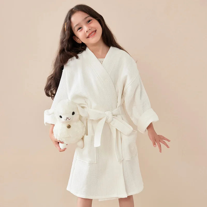 children's 100% Cotton Hooded Bathrobe Bear Solid Waffle Robes Kids Sleepwear with Belted Thick Soft Bath Robes for Girls Boys