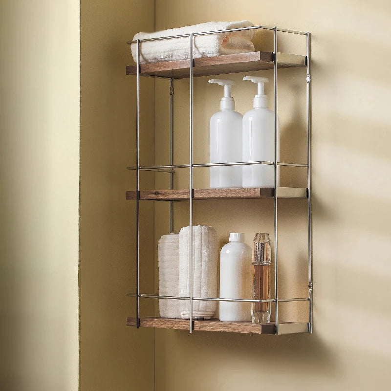 Bathroom Walnut Wall-Mounted Storage Rack, Stainless Steel Shelf for Toiletries, Hanging Organizer for Bathroom Essentials