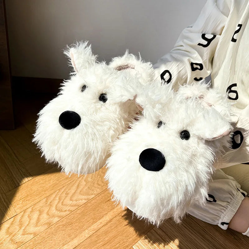 Dog Puppy Slipper Women Home Thermal Fuzzy Cute Winter Warm Fur Plush Indoor Lazy Female Furry House Shoe Flat Flip Flop Slide