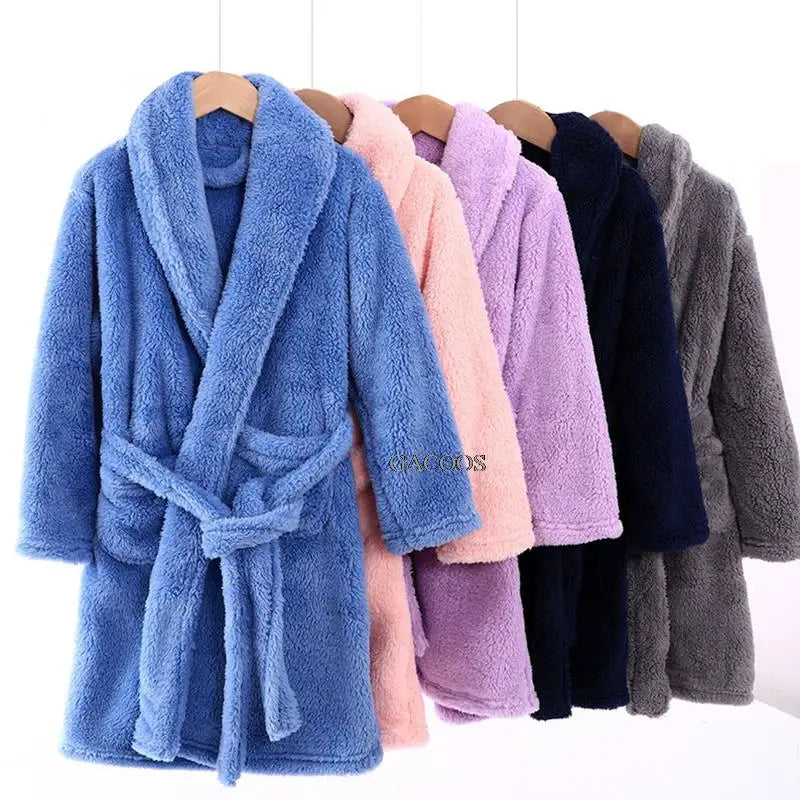 Winter Thicken Bathrobes for Kids Girls Flannel Warm Nightgown Teens Boys Bathing Robe Solid Color Night Robe Baby Dressing Gown