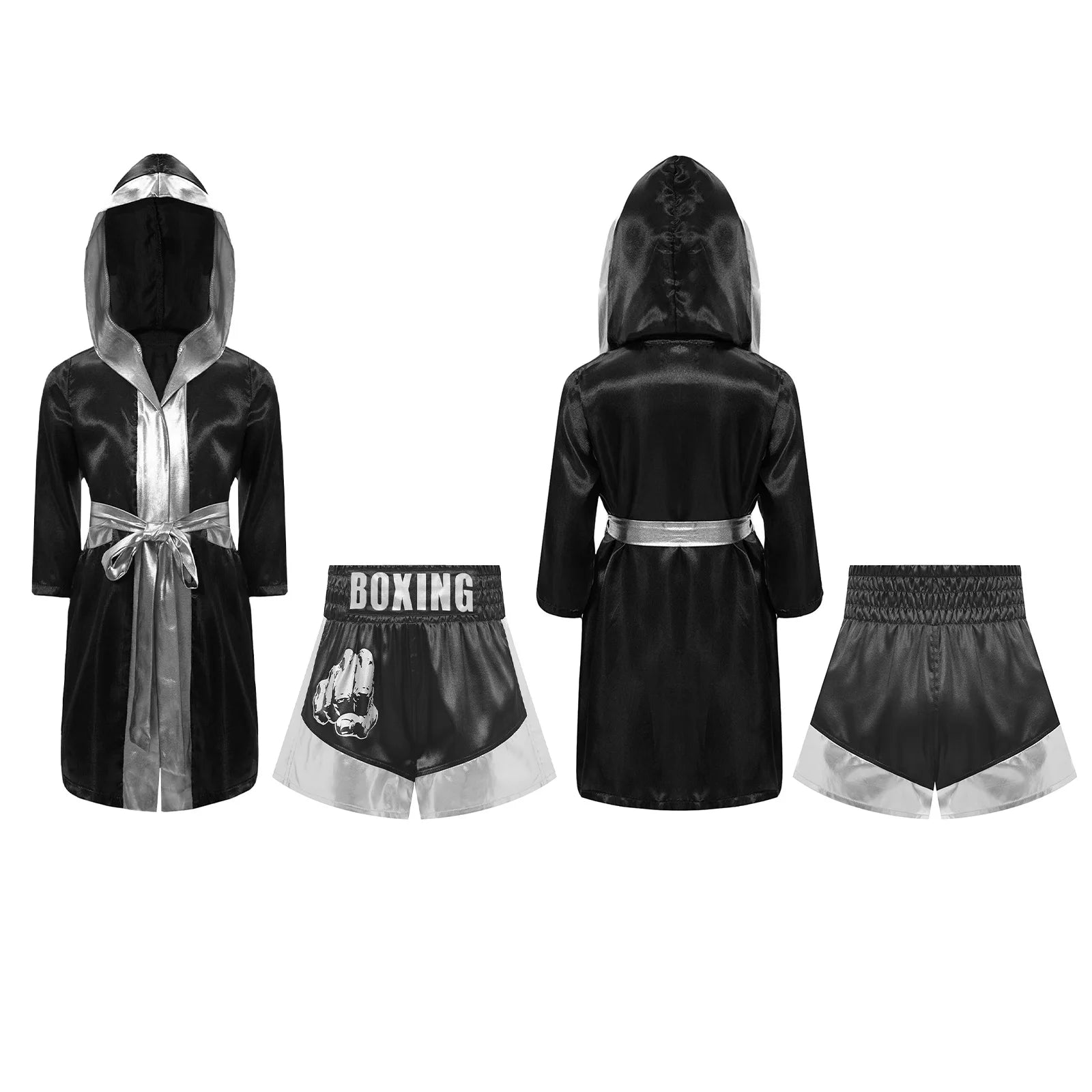 Kids Boxing Robe Outfits Cosplay Costume Metallic Trim Satin Belted Robe Kickboxing Hooded Cloak with Shorts for Halloween Party