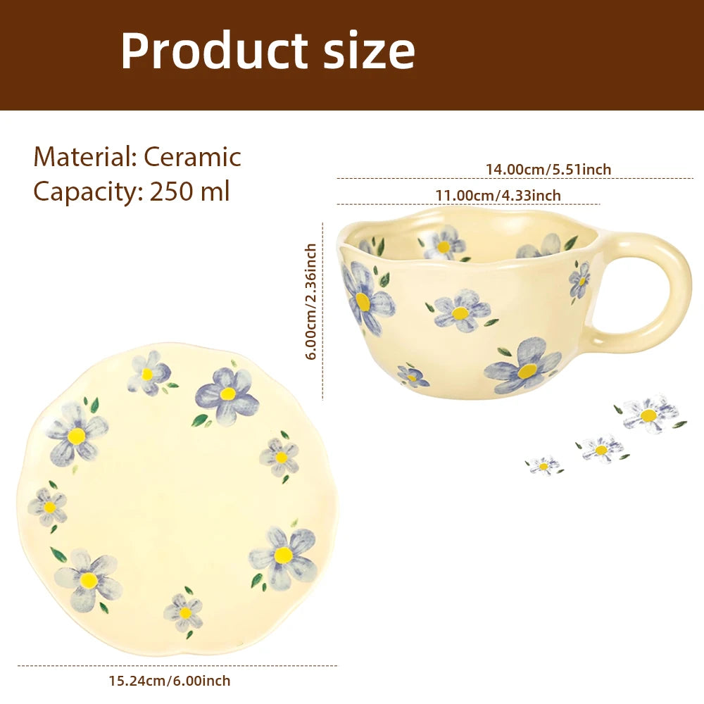 Ceramic Mugs Coffee Cups Hand Pinched Irregular Flower Milk Tea Cup with Plate Ins Style Drinkware Breakfast Mug Kitchen