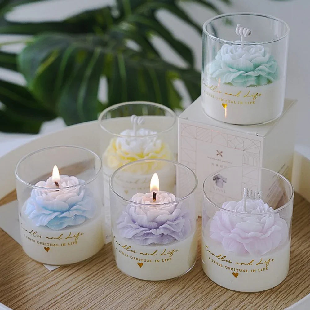 Handmade Peony Flower Glass Cup Scented Candle Aromatherapy Soy Wax Candles Wedding Birthday Candle Party Home Decoration