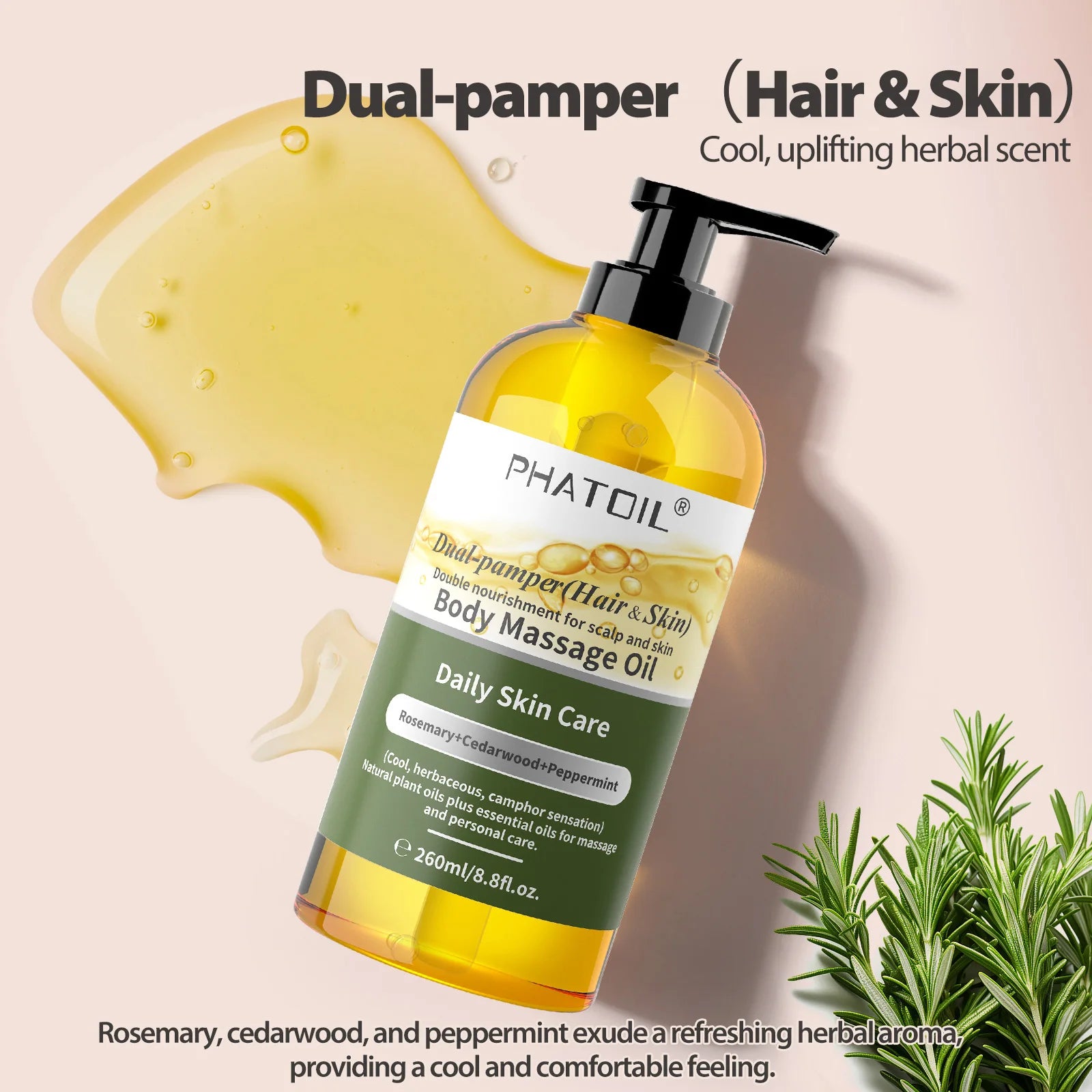 PHATOIL 260ml Body Oil-Deeply Moisturizing & Soothing Massage Oil with Long-Lasting Fragrance Vanilla Ginger Rosemary Body Oils