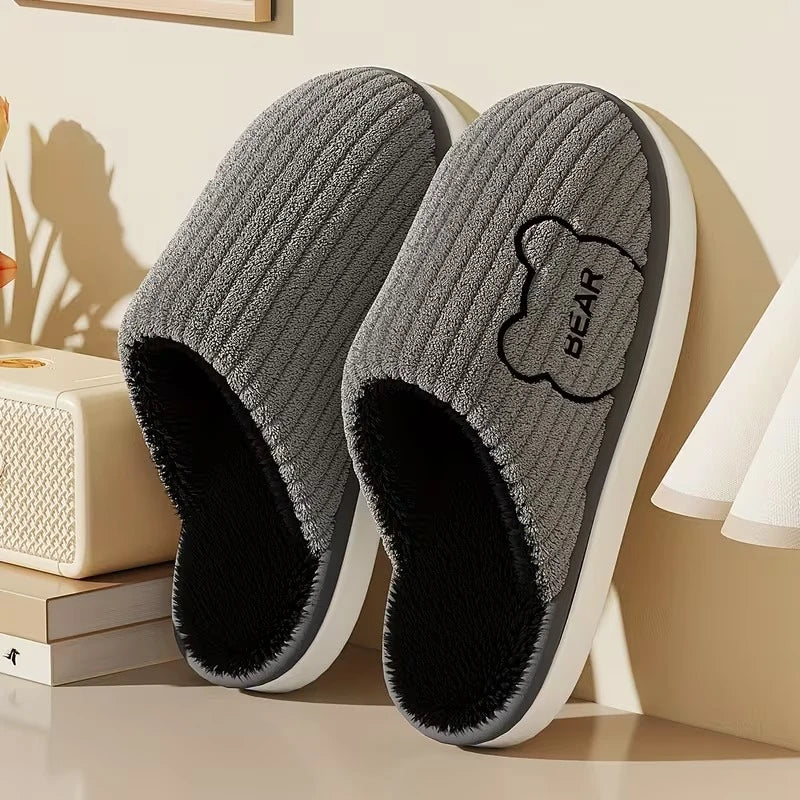 Winter Warm Plush Slippers Men Thick Sole Anti Slip Indoor Outdoor Soft Cozy Home Fleece Lining Bear Thermal Footwear Large Size