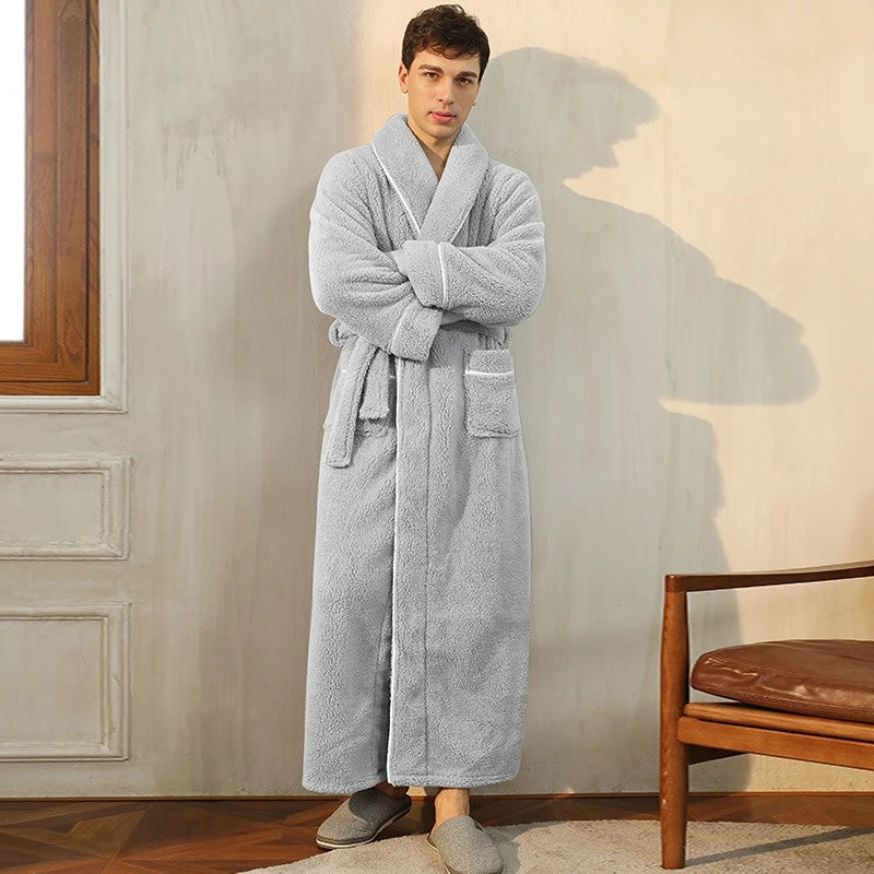 Men Plush Long Fleece Bathrobe Soft Terry Cloth Robe with Belt Multi-Color Cozy Loungewear for Unisex Warm Winter Sleep Robe