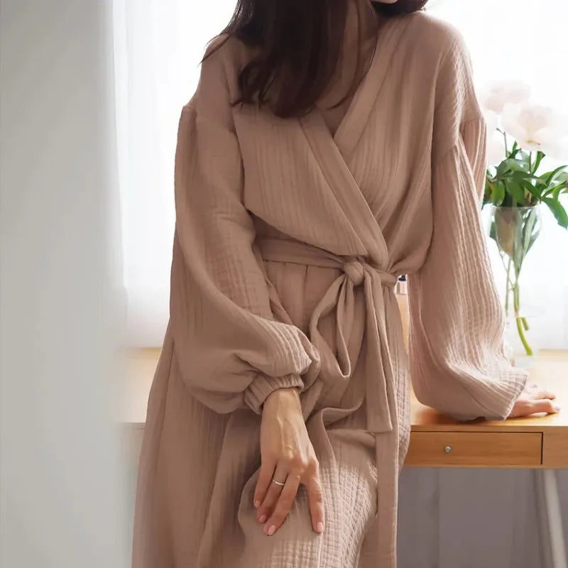 Women's Muslin 100% Cotton Gauze Long Bathrobes Pajamas Long Sleeve Casual Loose Breathable Solid Bandage Maxi Sleepwear Robes