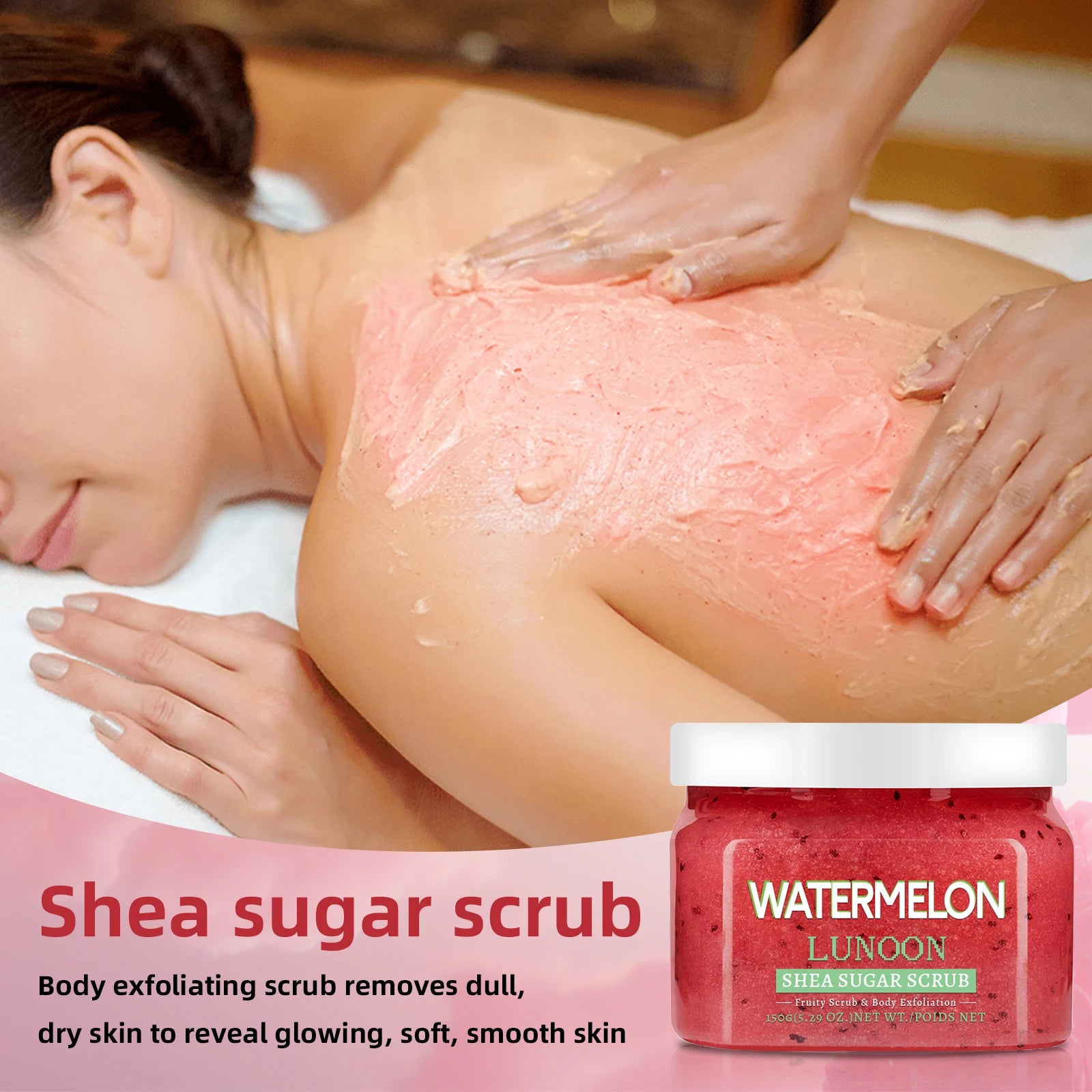 Natural Watermelon Shea Sugar Scrub 150g - Body Exfoliator, Moisturizing, Smooth & Glowing Skin, For Elbows, Knees, Back & Legs