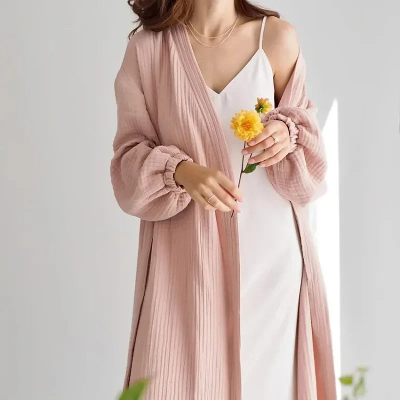 Women's Muslin 100% Cotton Gauze Long Bathrobes Pajamas Long Sleeve Casual Loose Breathable Solid Bandage Maxi Sleepwear Robes