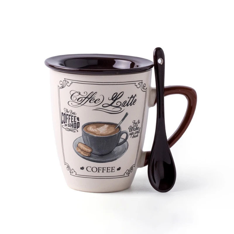European Light Luxury Ceramic Coffee Cups High Value Vintage Large Capacity Latte Mug With Lid Spoon Home Water Cups Drinkware