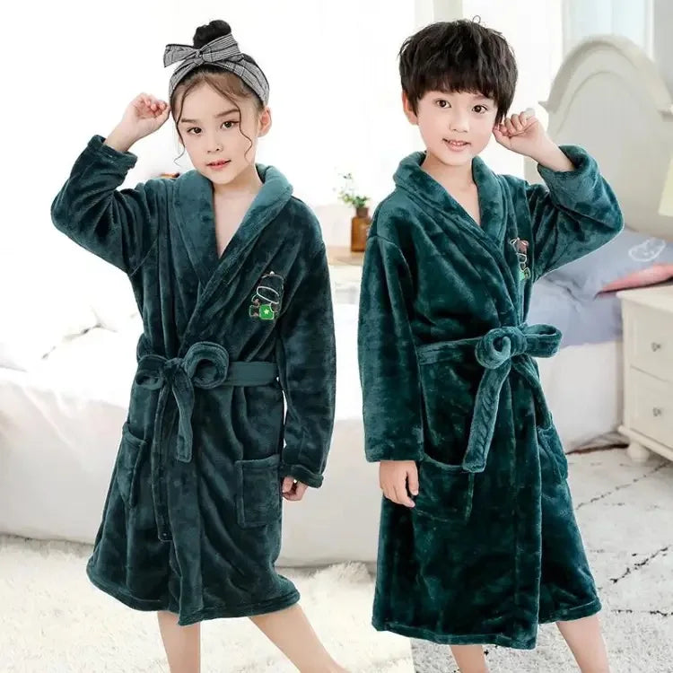 Winter Thicken Bathrobes for Kids Girls Flannel Warm Nightgown Teens Boys Bathing Robe Solid Color Night Robe Baby Dressing Gown
