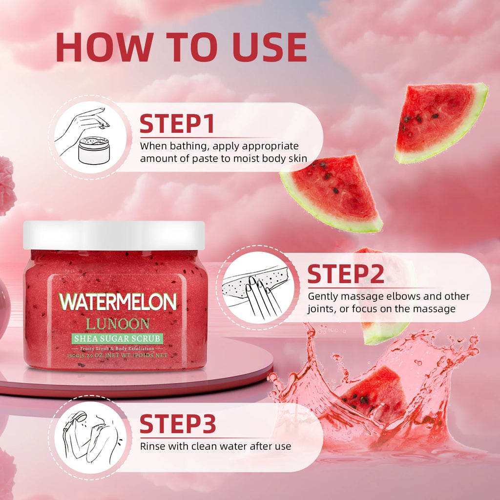Natural Watermelon Shea Sugar Scrub 150g - Body Exfoliator, Moisturizing, Smooth & Glowing Skin, For Elbows, Knees, Back & Legs