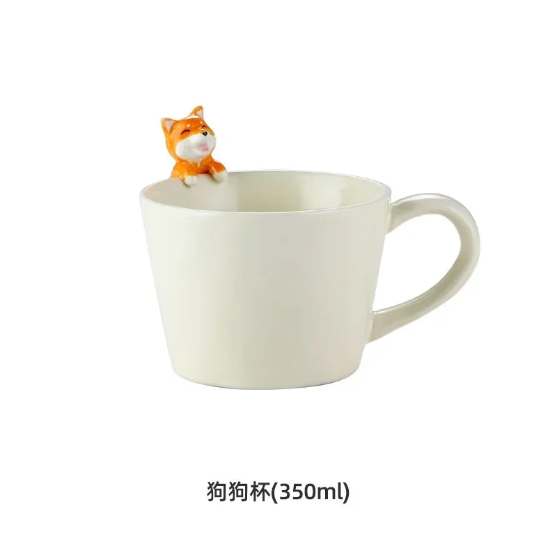 European Cartoon Tea Dog Cat Ceramic Mug Birthday Gift Porcelain Dessert Milk Cup Cute Kids Water Cup Couple Mug Home Decoration