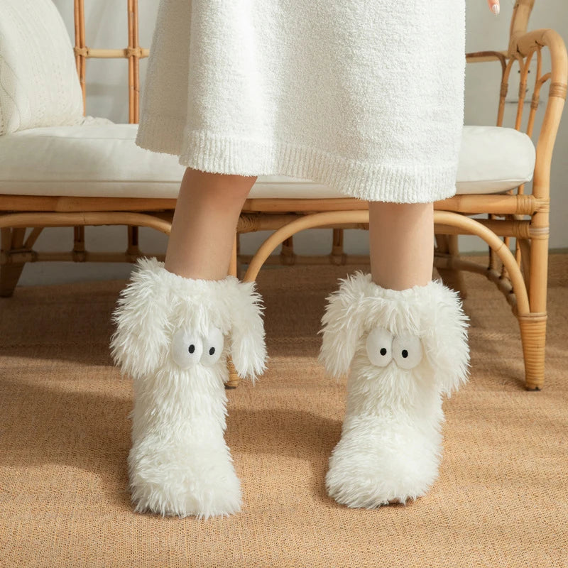 Soft Big Eyes Slipper Socks with Puppy Ears Mid-Calf Cartoon Non-slip Floor Socks Thickened Warm Coral Fleece Socks Winter