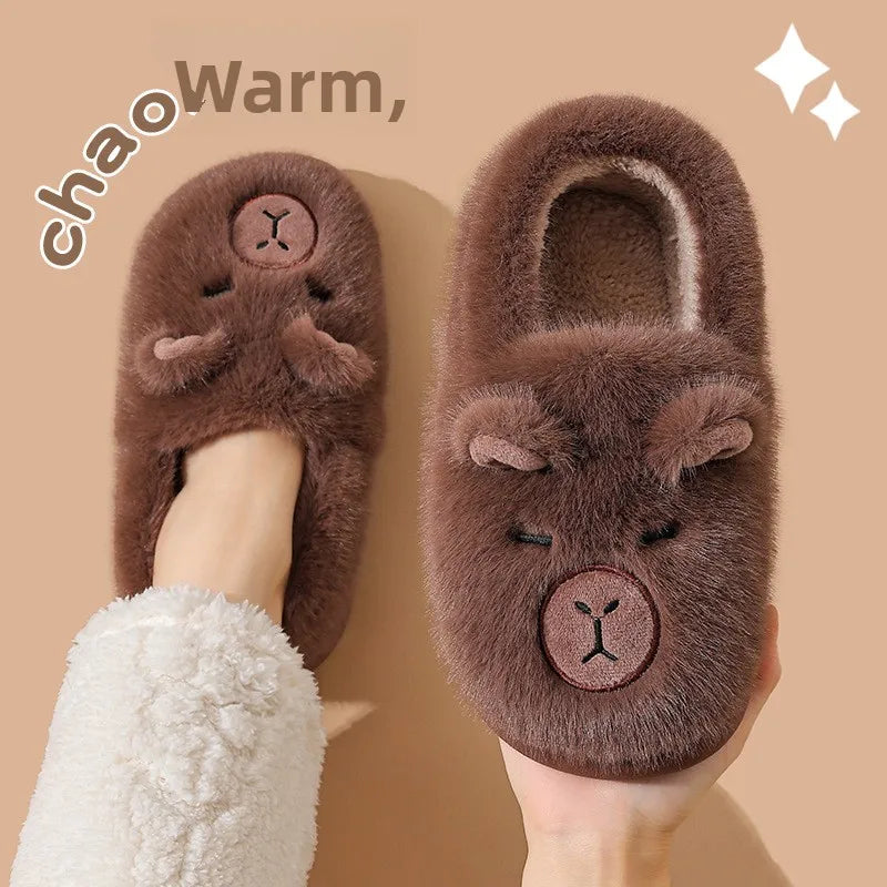 Winter Home Slippers for Couples Warm Plush Neutral Cartoon Cow Indoor Anti Slip Comfortable Cotton Slippers for Men and Women