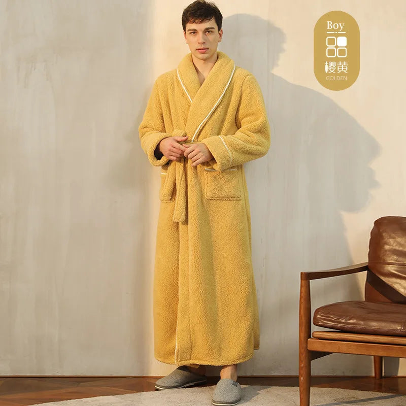 Men Plush Long Fleece Bathrobe Soft Terry Cloth Robe with Belt Multi-Color Cozy Loungewear for Unisex Warm Winter Sleep Robe