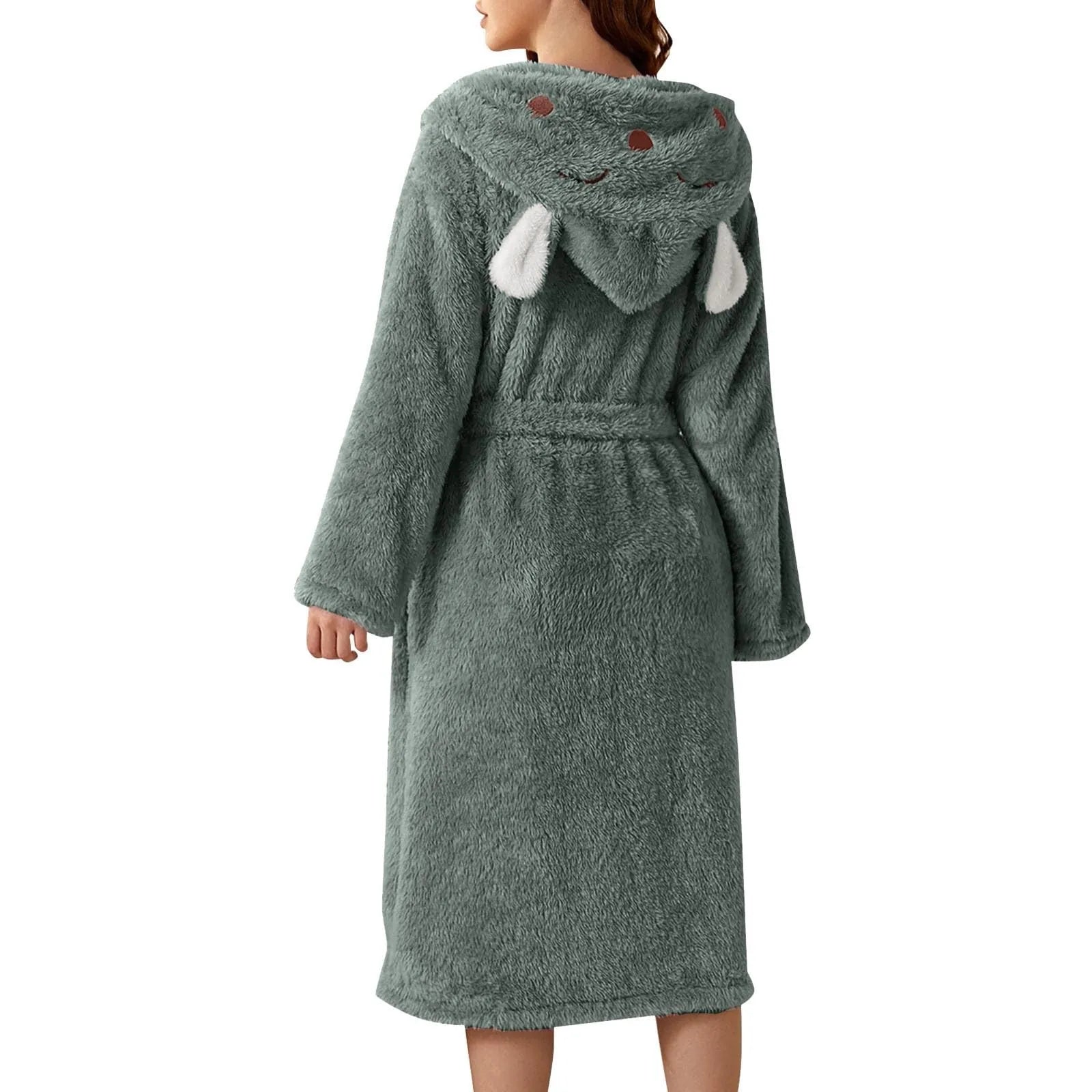 Women Winter Plush Night Robe Minimalist Solid Color With Rabbit Shaped Hooded Bring You Cozy Comfortable Thermal Experience