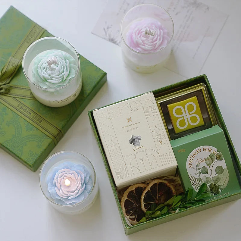 Handmade Peony Flower Glass Cup Scented Candle Aromatherapy Soy Wax Candles Wedding Birthday Candle Party Home Decoration