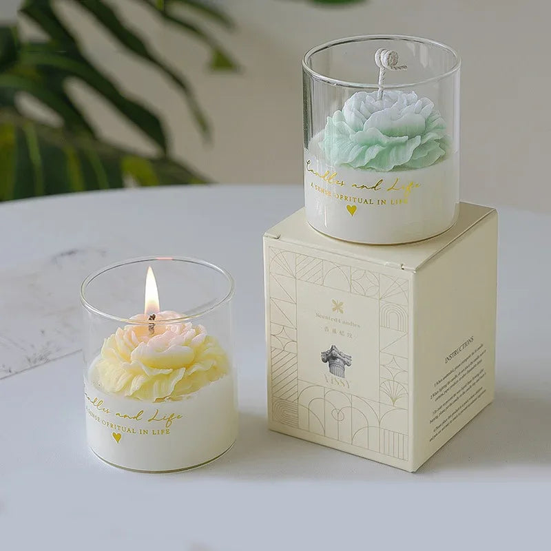 Handmade Peony Flower Glass Cup Scented Candle Aromatherapy Soy Wax Candles Wedding Birthday Candle Party Home Decoration