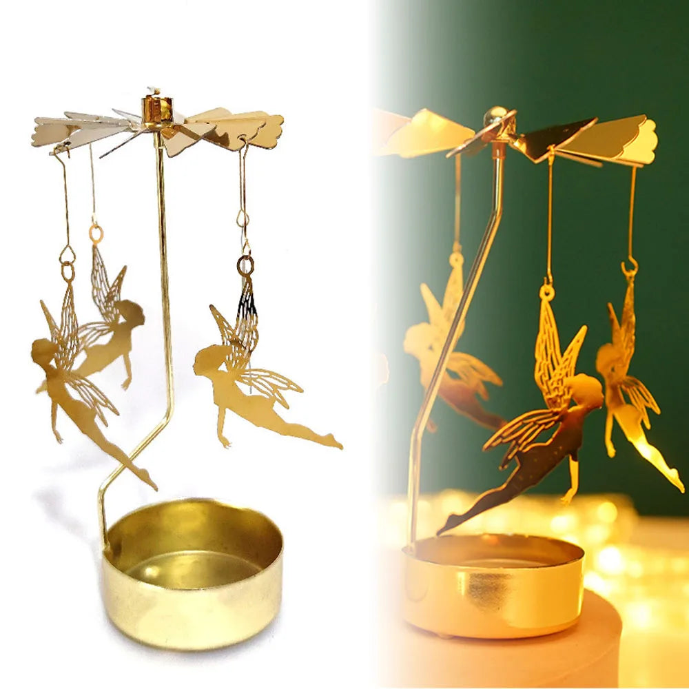 Rotating Candle Holder Metal Gold Christmas Present No Battery Heat Powered Spinning Carousel for Home Desk Counter Sweet Decor