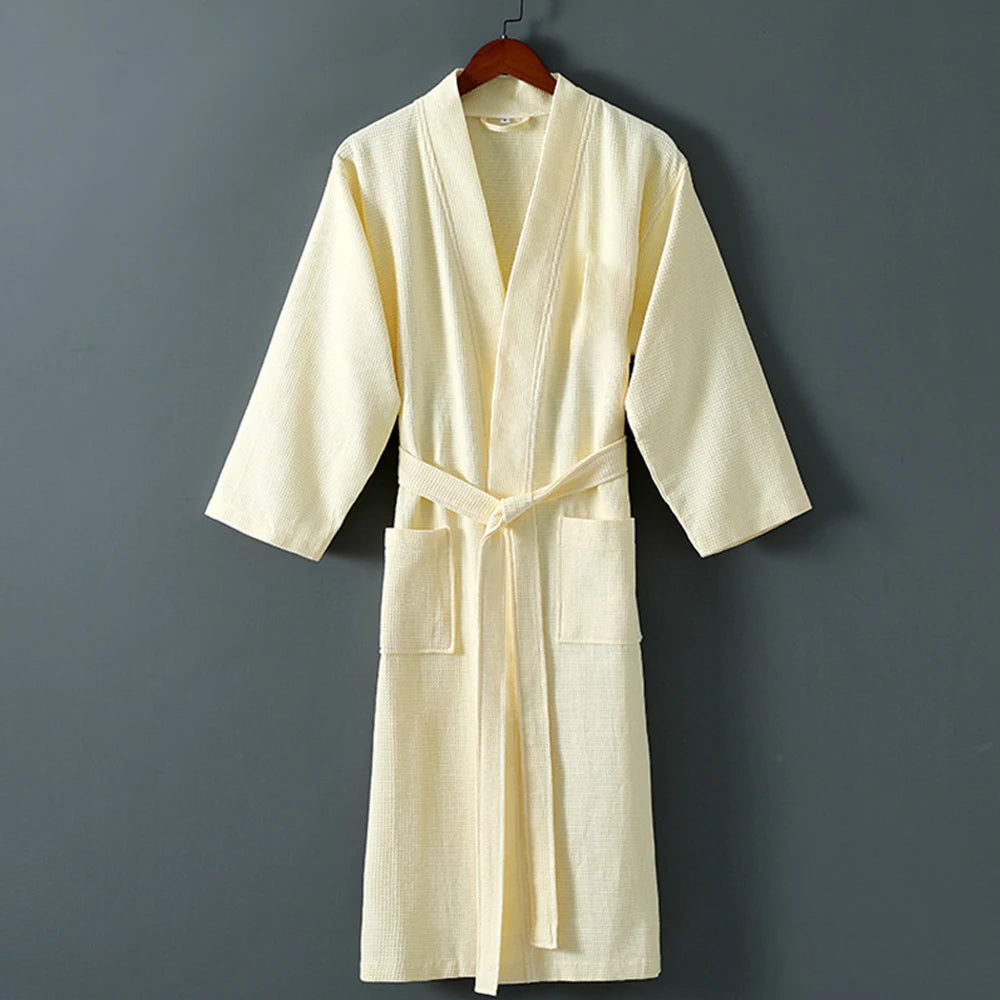 Women Towel Bathrobe 100%Cotton Long Thick Absorbent Terry Bath Robe Kimono Men LightWeight Waffle Solid Dressing Gown Sleepwear